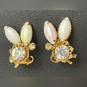 Pair Midcentury Rhinestone, Faux Opal‎ & Gold tone Riveted Clip on Earrings